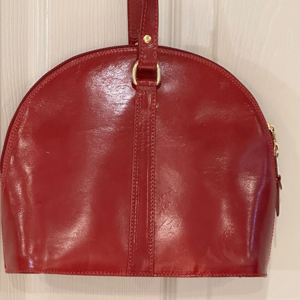 Cristian Red Genuine Leather Dome Crossbody Bag Made in Italy Gold Hardware